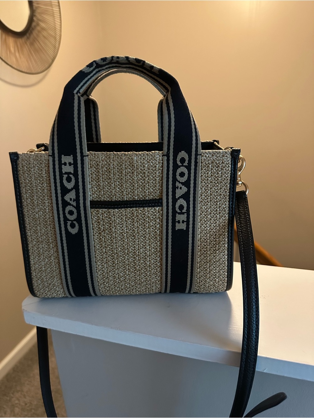 COACH Natural Straw Tote with Black Trim and Logo Webbing